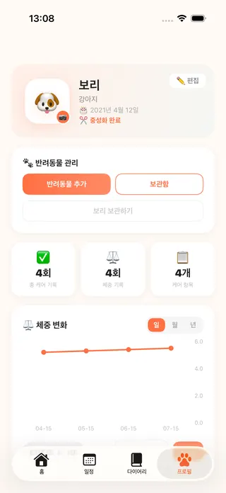 프로필과 체중 차트 화면